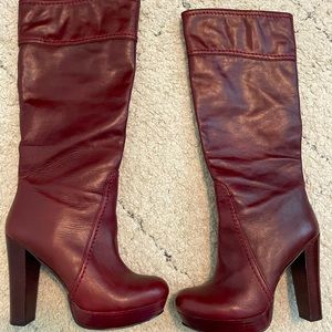 Vince Camuto Wooden Stacked Platform Knee-High Burgundy Boots